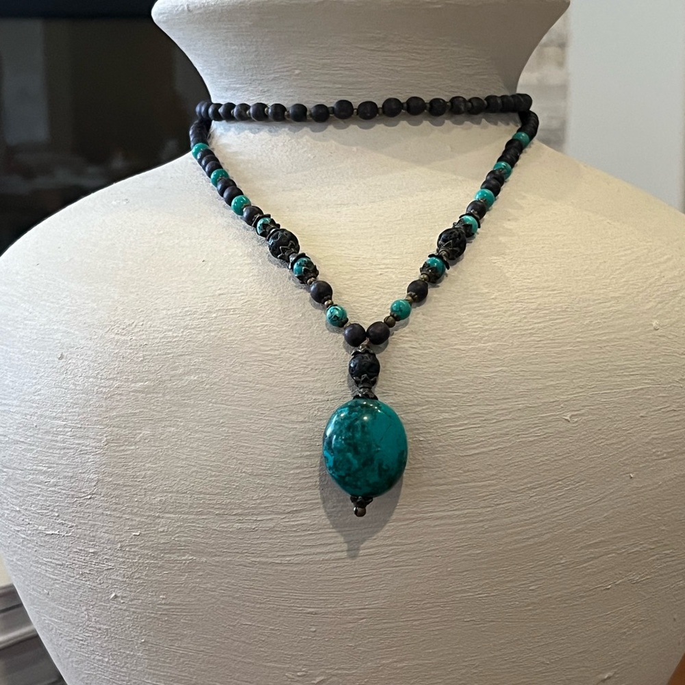 Turquoise & Wood 108 Bead Mala Necklace